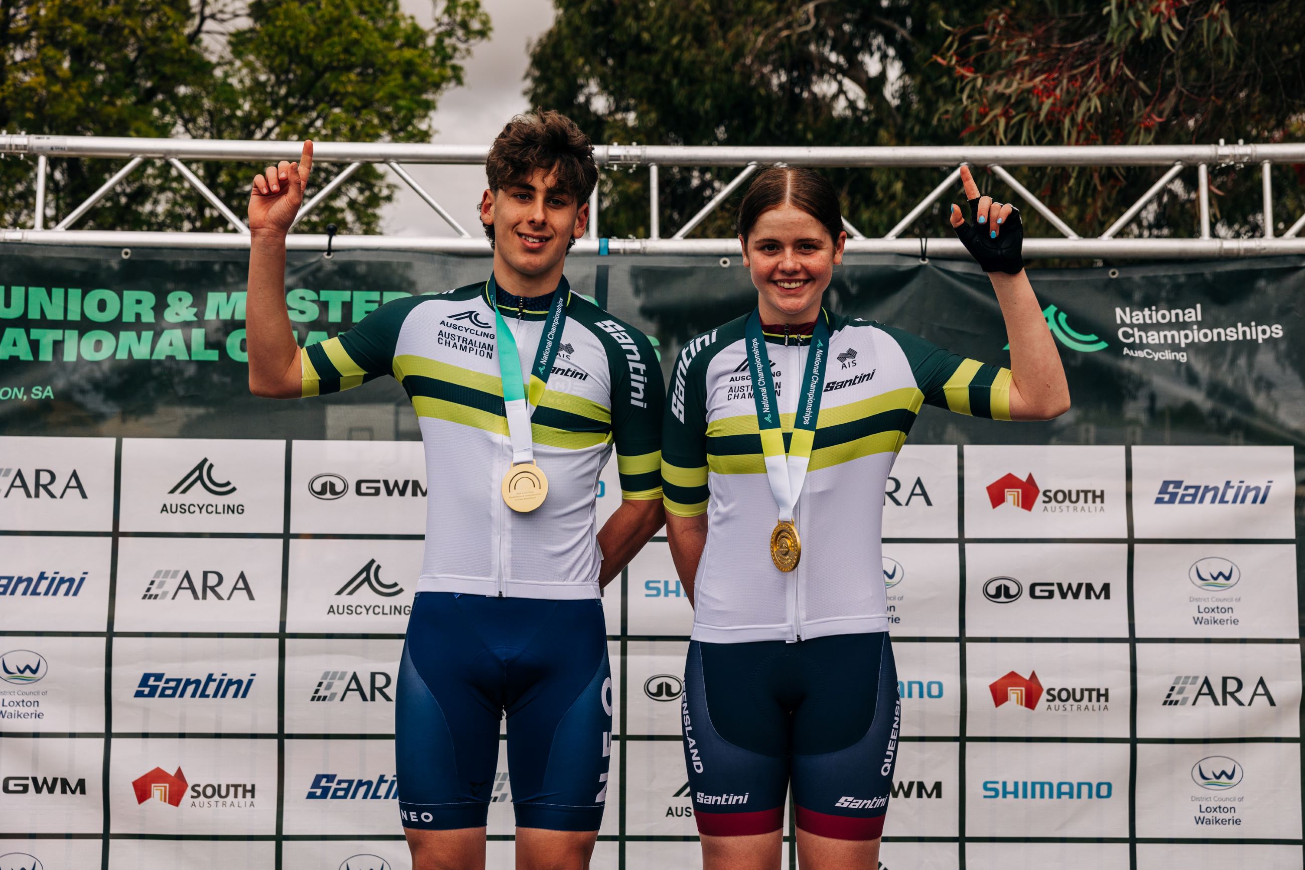 The winners of the under-15 men and women boys and girls road race championships in green-and-gold jerseys of Australian champion at the 2024 AusCycling Masters & Junior Road National Championships in Loxton